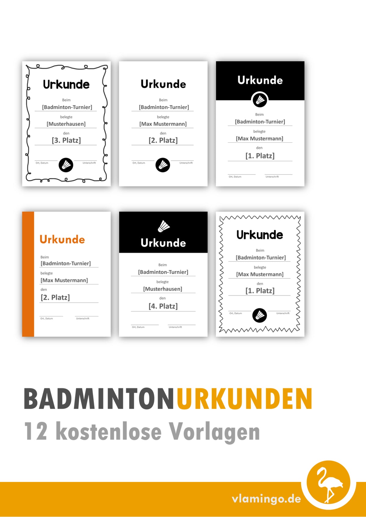 Badminton  - 12 Urkunden-Vorlagen für Turniere & Wettbewerbe [editierbar]