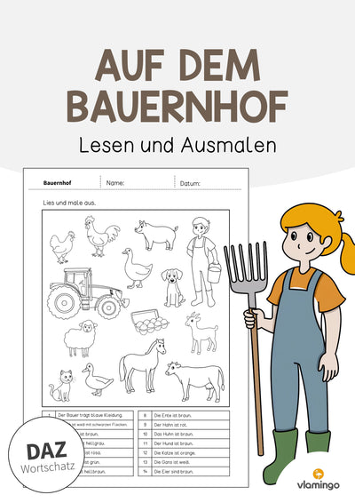 Bauernhof: Lesen und Ausmalen 1 (Arbeitsblatt für den DaZ-, DaF- und Deutschunterricht)