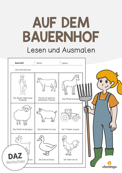 Bauernhof: Lesen und Ausmalen 2 (Arbeitsblatt für den DaZ-, DaF- und Deutschunterricht)