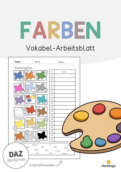Farben: Vokabel-Arbeitsblatt 2 (Aufgaben für den DaZ-, DaF- und Deutschunterricht)