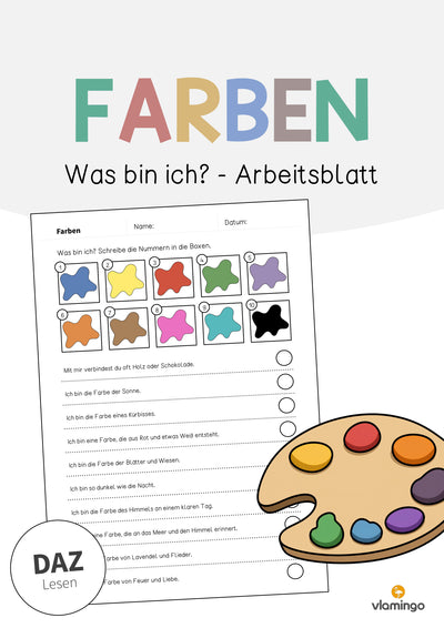 Farben: Was bin ich? - Arbeitsblatt (Aufgaben für den DaZ-, DaF- und Deutschunterricht)