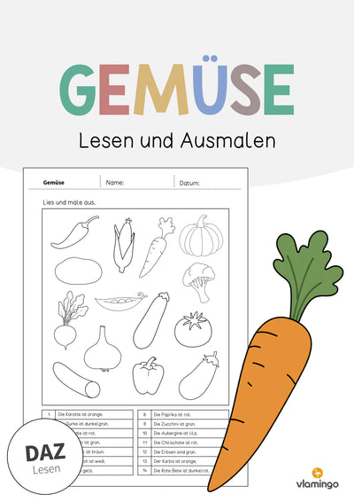 Gemüse: Lesen und Ausmalen 1 (Arbeitsblatt für den DaZ-, DaF- und Deutschunterricht)