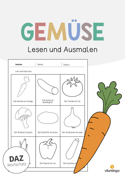 Gemüse: Lesen und Ausmalen 2 (Arbeitsblatt für den DaZ-, DaF- und Deutschunterricht)