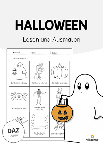 Halloween: Lesen und Ausmalen 2 (Arbeitsblatt für den DaZ-, DaF- und Deutschunterricht)
