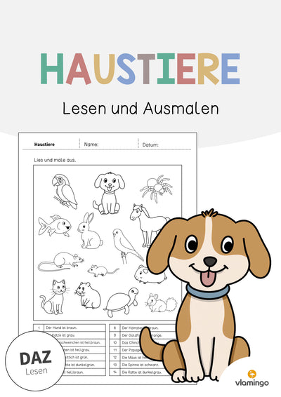 Haustiere: Lesen und Ausmalen 1 (Arbeitsblatt für den DaZ-, DaF- und Deutschunterricht)
