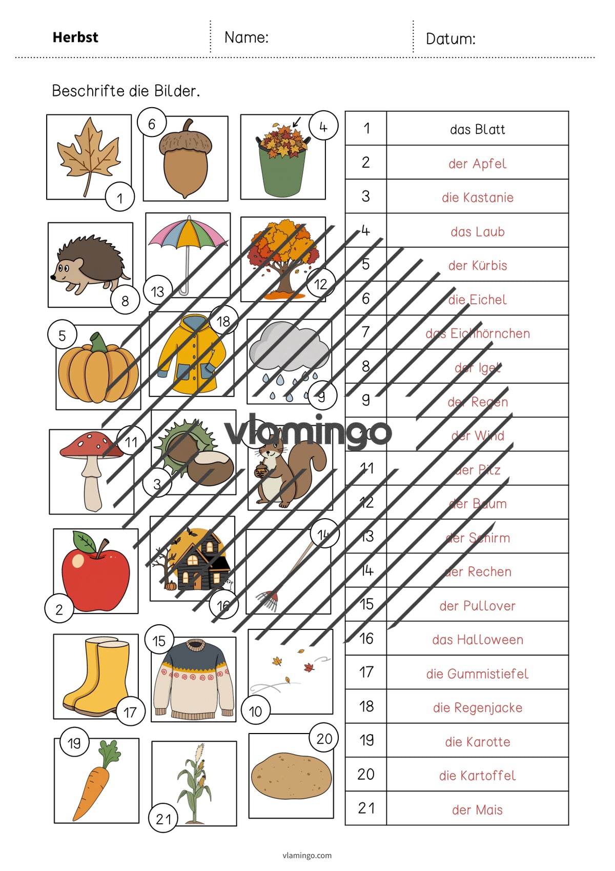 de deutsch herbst vokabelarbeitsblatt 2 009