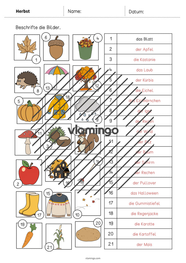 de deutsch herbst vokabelarbeitsblatt 2 009