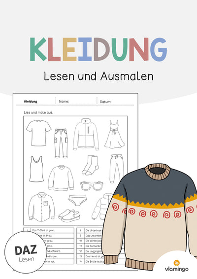 Kleidung: Lesen und Ausmalen 1 (Arbeitsblatt für den DaZ-, DaF- und Deutschunterricht)