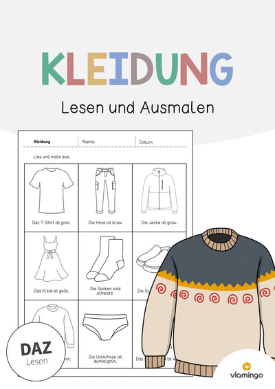 Kleidung: Lesen und Ausmalen 2 (Arbeitsblatt für den DaZ-, DaF- und Deutschunterricht)