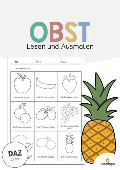 Obst: Lesen und Ausmalen 2 (Arbeitsblatt für den DaZ-, DaF- und Deutschunterricht)