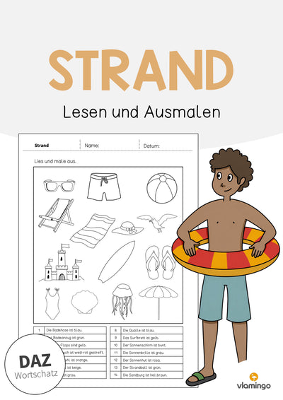 Strand: Lesen und Ausmalen 1 (Arbeitsblatt für den DaZ-, DaF- und Deutschunterricht)