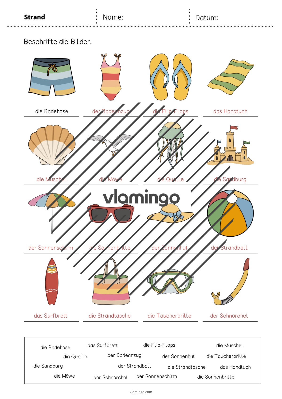 de deutsch strand vokabelarbeitsblatt 1 010