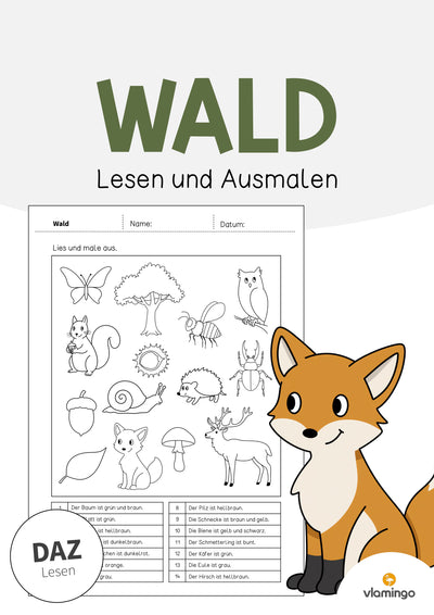 Wald: Lesen und Ausmalen 1 (Arbeitsblatt für den DaZ-, DaF- und Deutschunterricht)