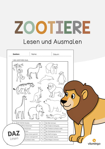 Zootiere: Lesen und Ausmalen 1 (Arbeitsblatt für den DaZ-, DaF- und Deutschunterricht)