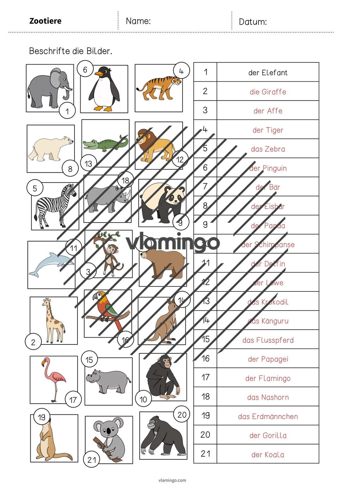 de deutsch zootiere vokabelarbeitsblatt 2 009