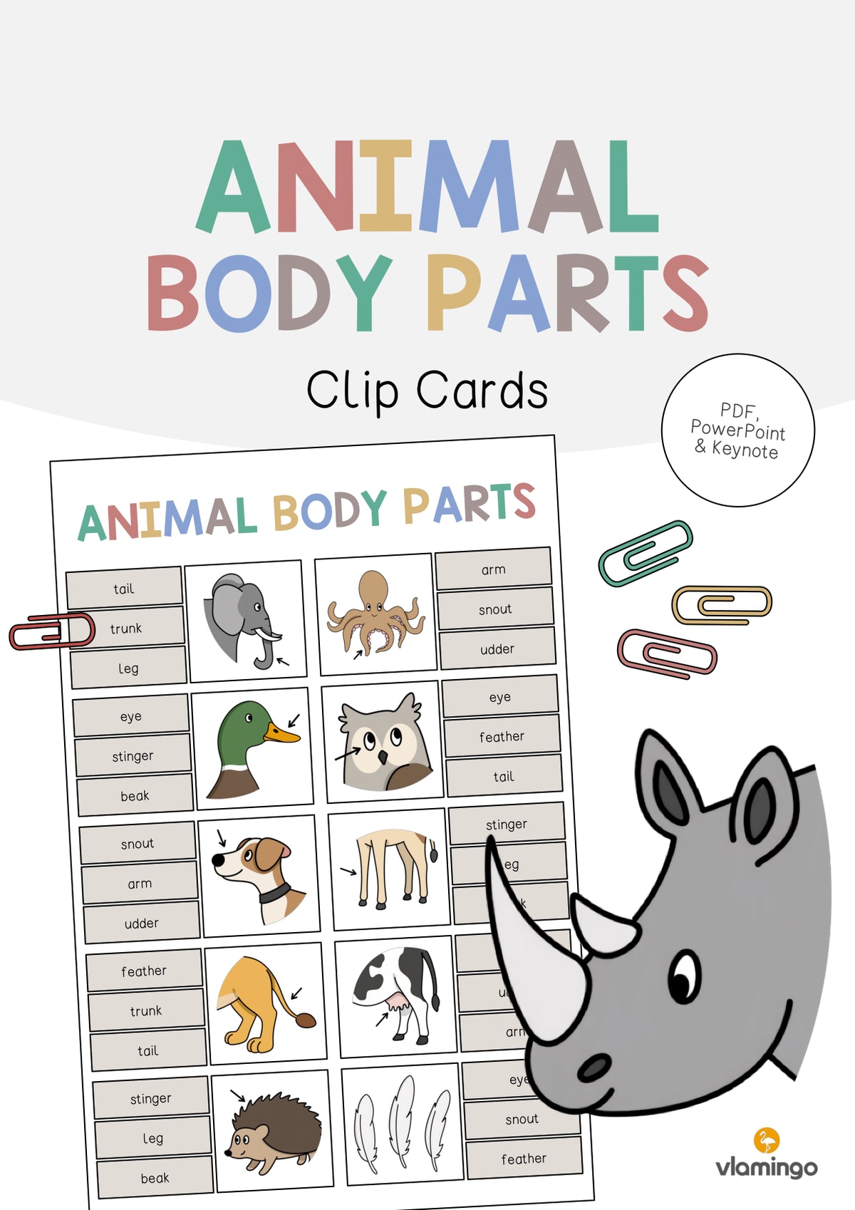 de englisch animal body parts clip cards 001