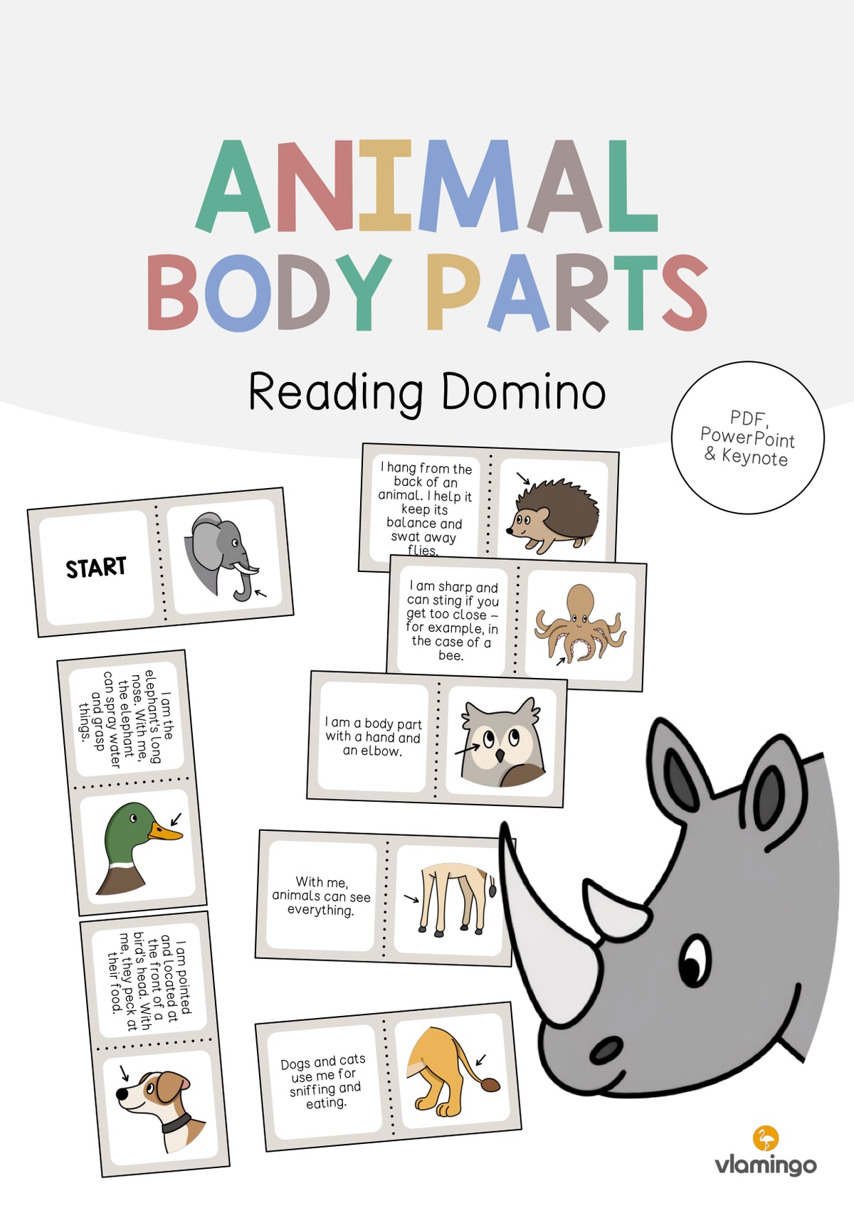 de englisch animal body parts reading domino 001