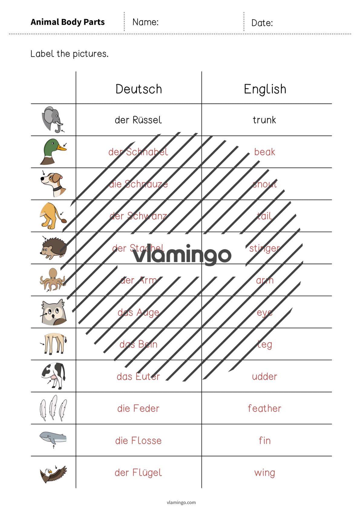 de englisch animal body parts vocabulary worksheet 3 007