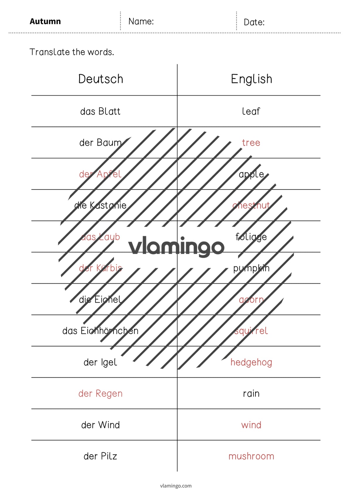 Autumn / Herbst: Vocabulary Mini Test für den Englischunterricht – Vorschau 8