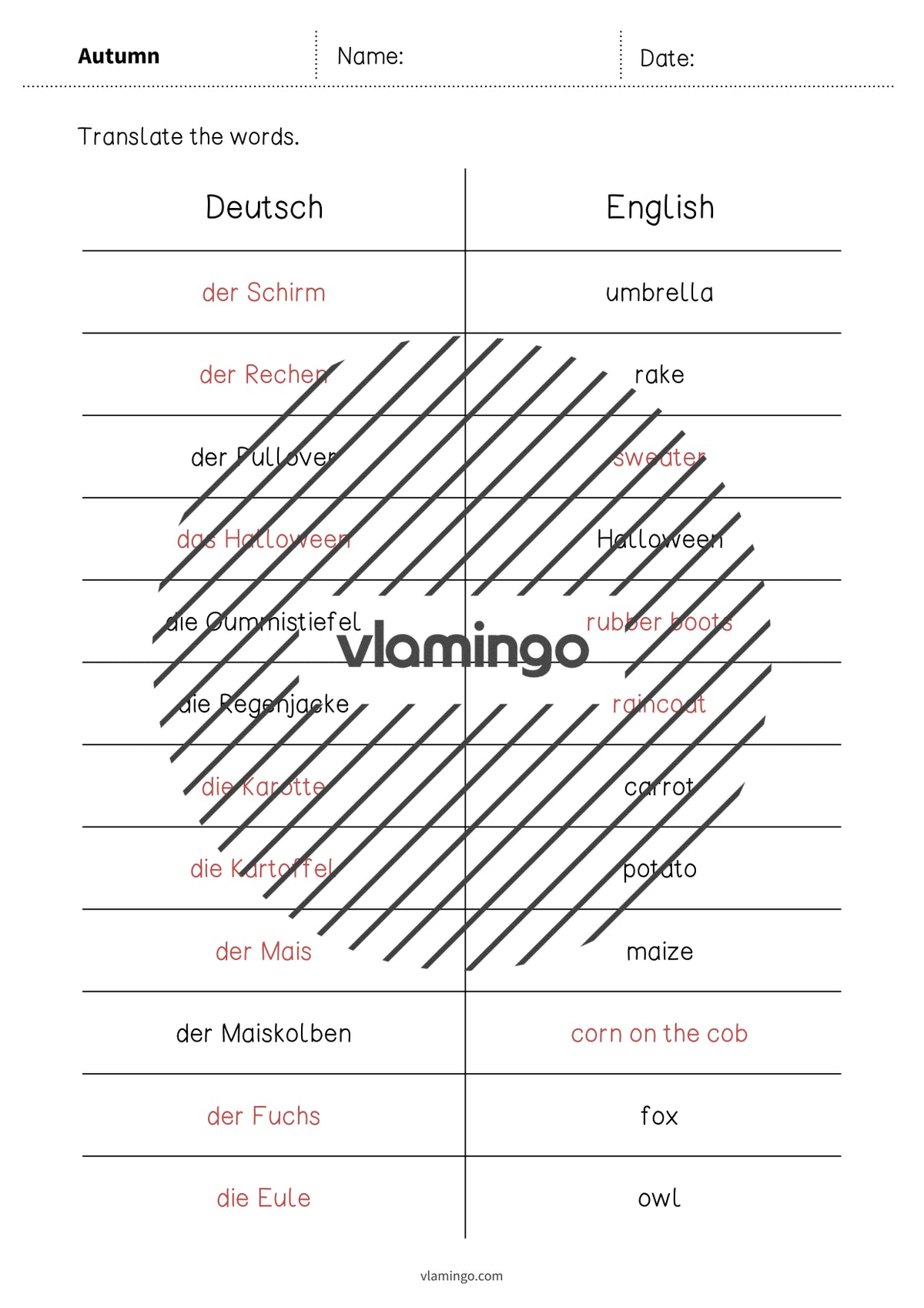 Autumn / Herbst: Vocabulary Mini Test für den Englischunterricht – Vorschau 9