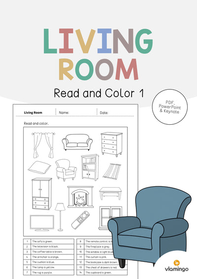 Living Room / Wohnzimmer: Read and Color 1 (Englisch)