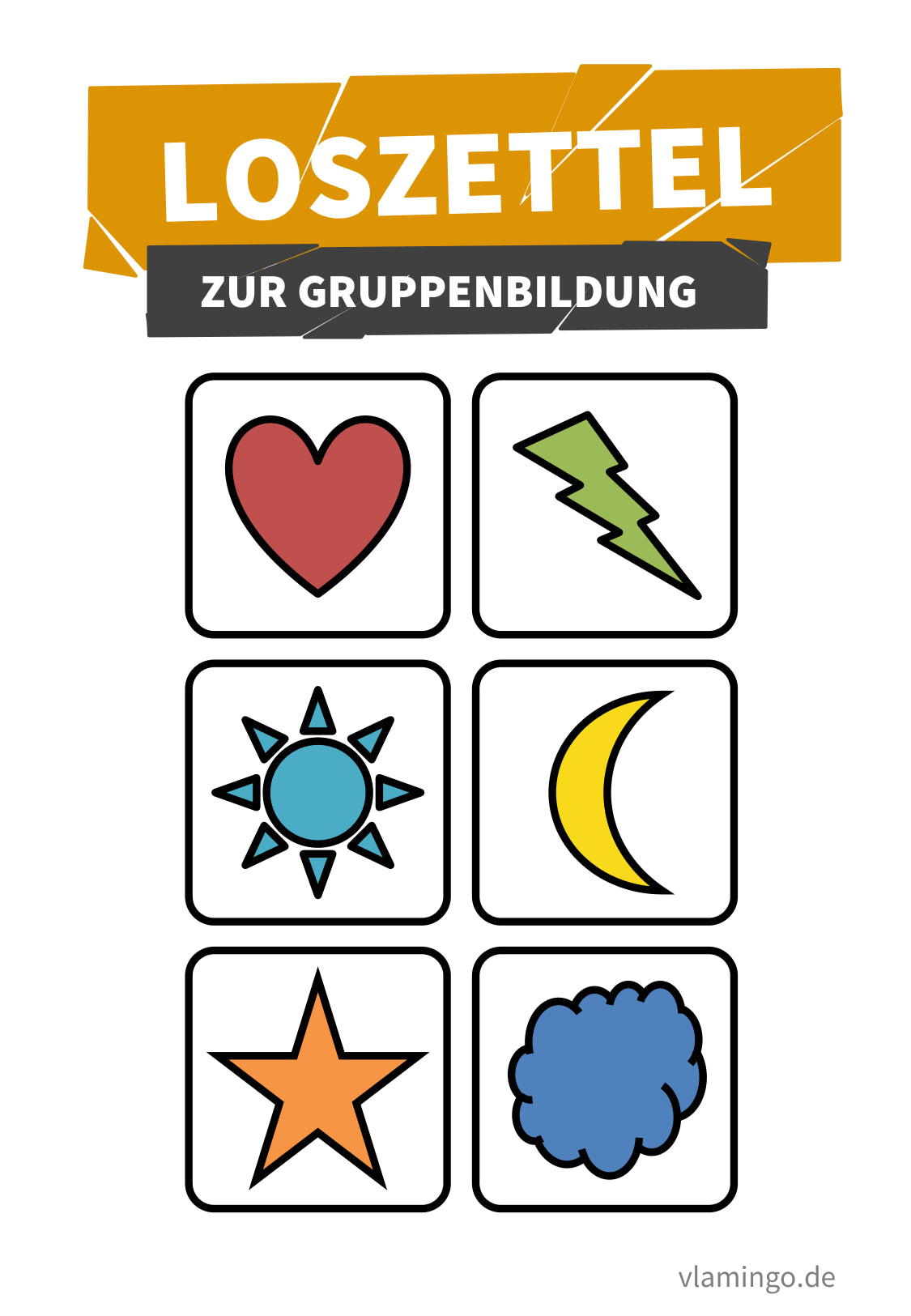 Loskarten mit Symbolen zur Team-, Mannschafts- bzw. Gruppenbildung