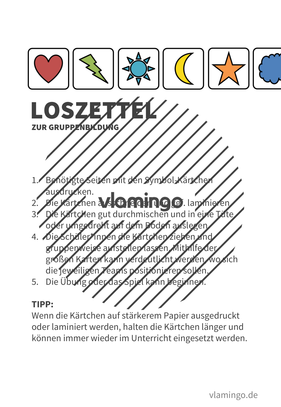 Loskarten mit Symbolen zur Team-, Mannschafts- bzw. Gruppenbildung
